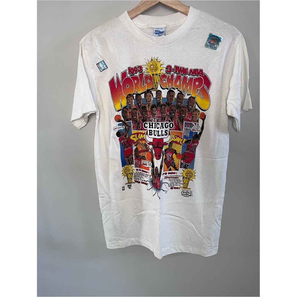 Vintage 1993 Chicago Bulls 3-Peat NBA World Champs Salem T-Shirt White Medium